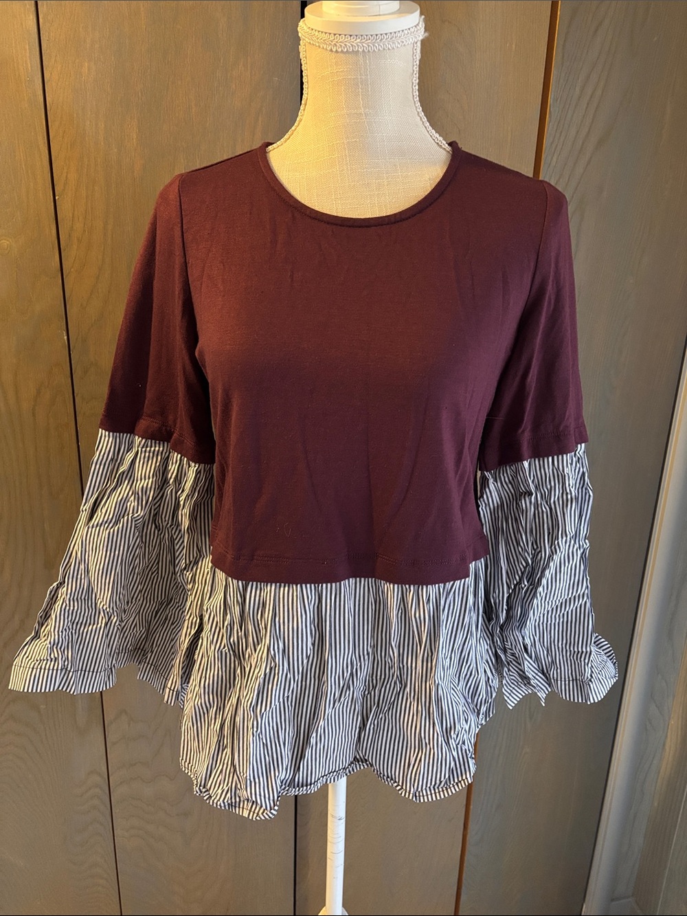 Halogen Mixed Media Peplum Top Shirt Maroon and Grey White Stripes